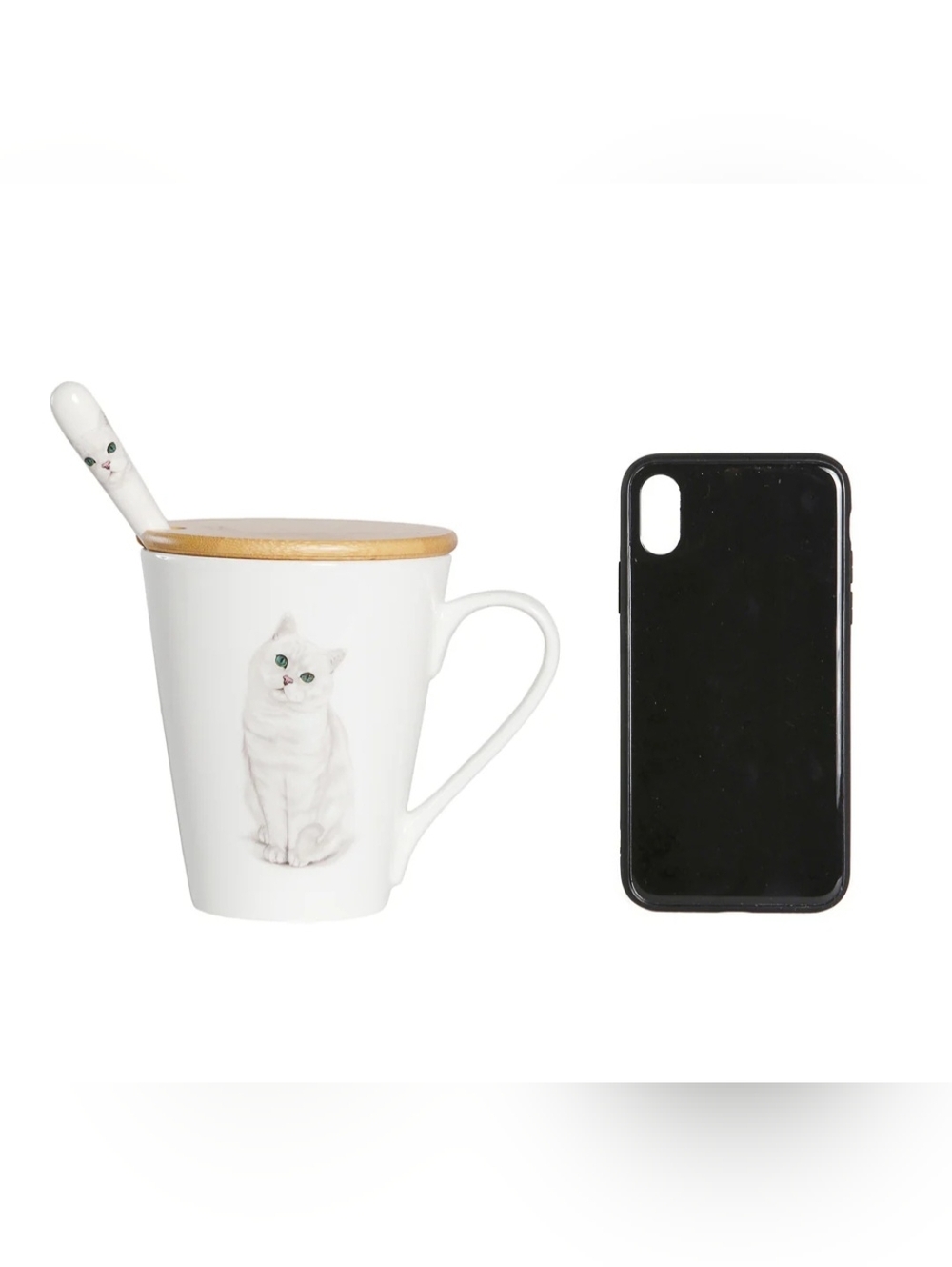 NIB 2pcs Porcelain British Silver Shorthair Cat Coffee Mug W/ Bamboo Lid & Spoon